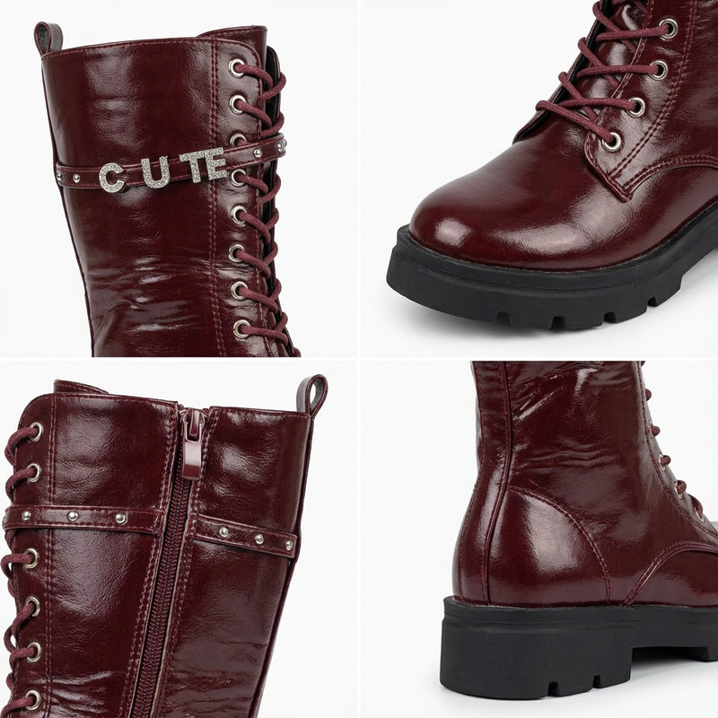 Bottes Fille Combat Chic en Cuir Bordeaux – Importées d’Espagne 🇪🇸
