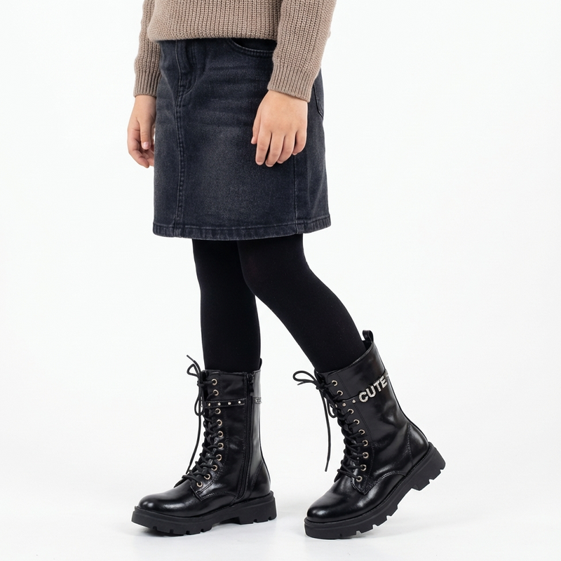 Bottes Fille Combat Chic en Cuir Noir – Importées d’Espagne 🇪🇸
