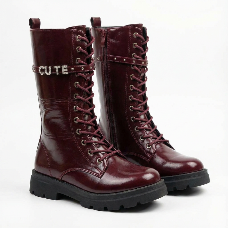 Bottes Fille Combat Chic en Cuir Bordeaux – Importées d’Espagne 🇪🇸