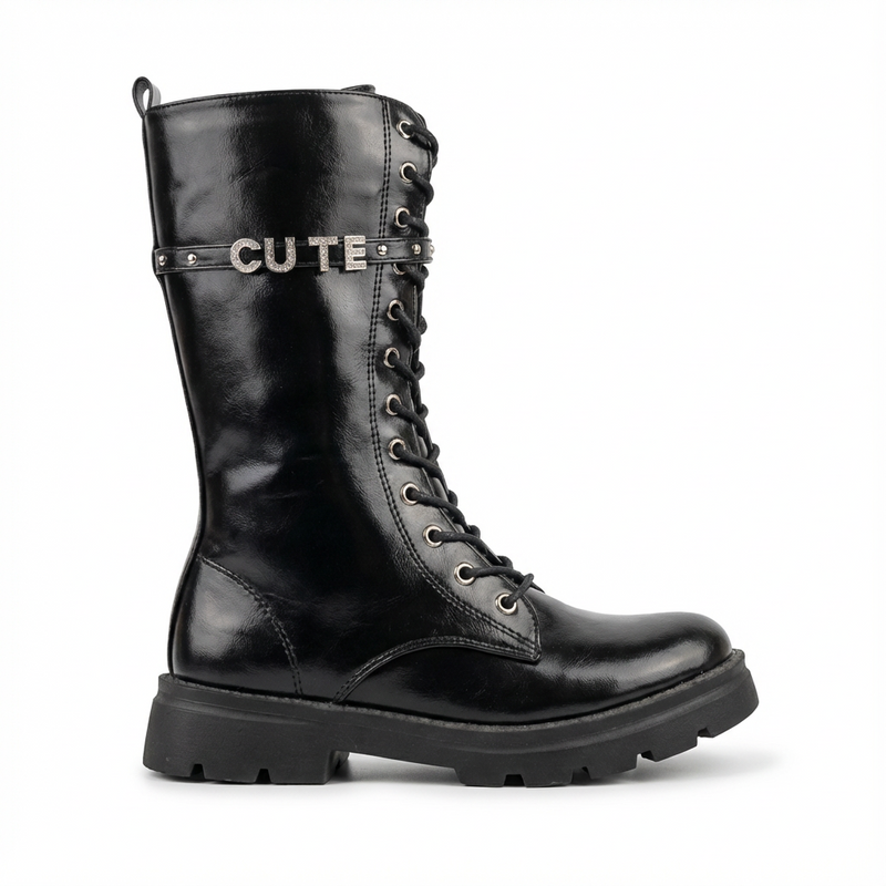 Bottes Fille Combat Chic en Cuir Noir – Importées d’Espagne 🇪🇸