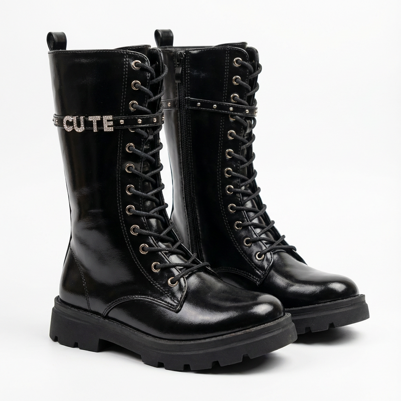 Bottes Fille Combat Chic en Cuir Noir – Importées d’Espagne 🇪🇸