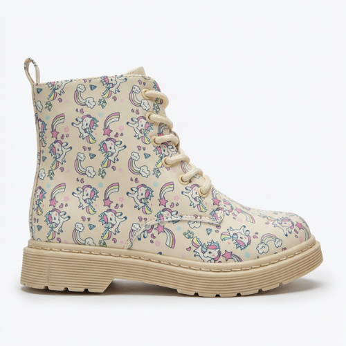 Botte fille beige avec motifs licornes et arcs-en-ciel, lacets assortis et semelle épaisse crantée