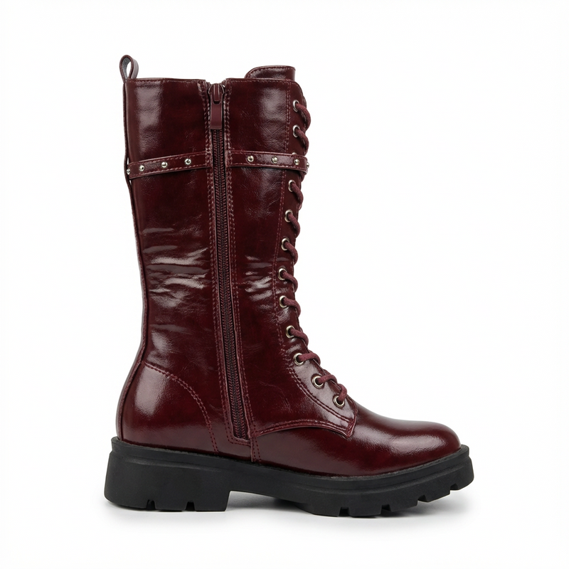 Bottes Fille Combat Chic en Cuir Bordeaux – Importées d’Espagne 🇪🇸